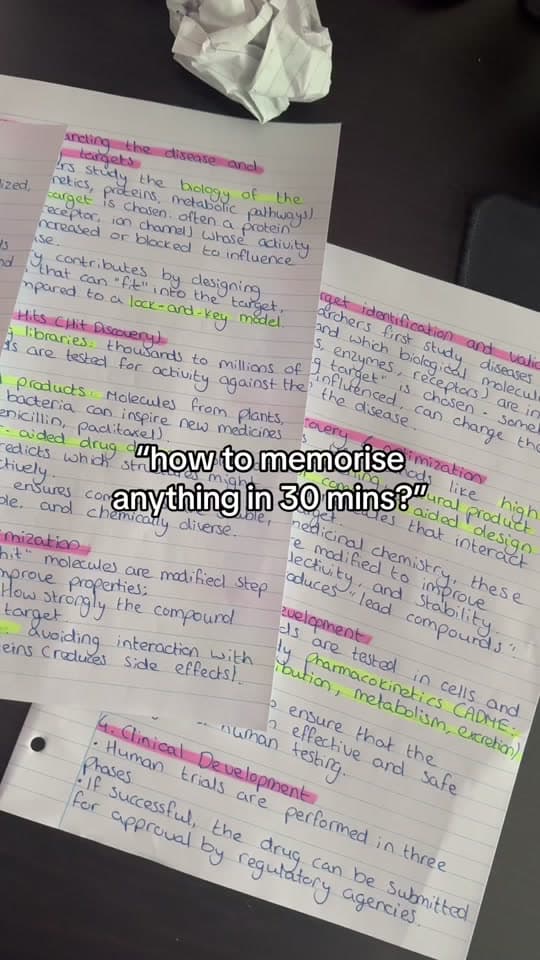 Highlighted handwritten notes, captioned “how to memorise anything in 30 mins?”